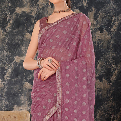 Mauve Printed Chiffon Saree With Lace Border