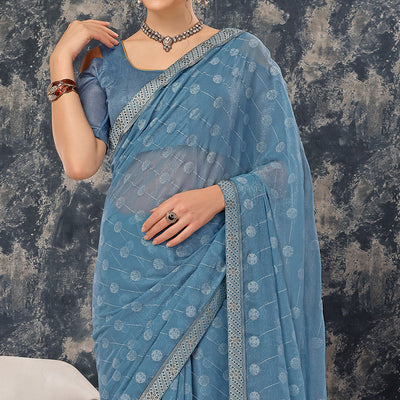 Greyish Blue Printed Chiffon Saree With Lace Border