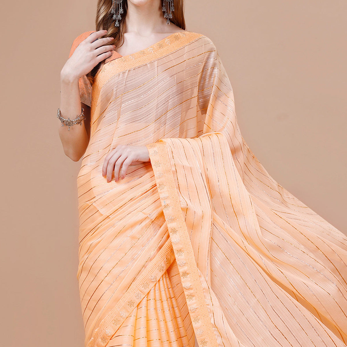 Light Orange Zari Work Chiffon Saree