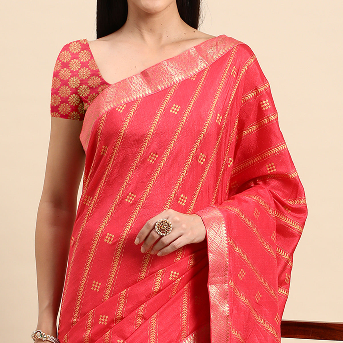 Gajri Pink Floral Foil Printed Chiffon Saree With Tassels