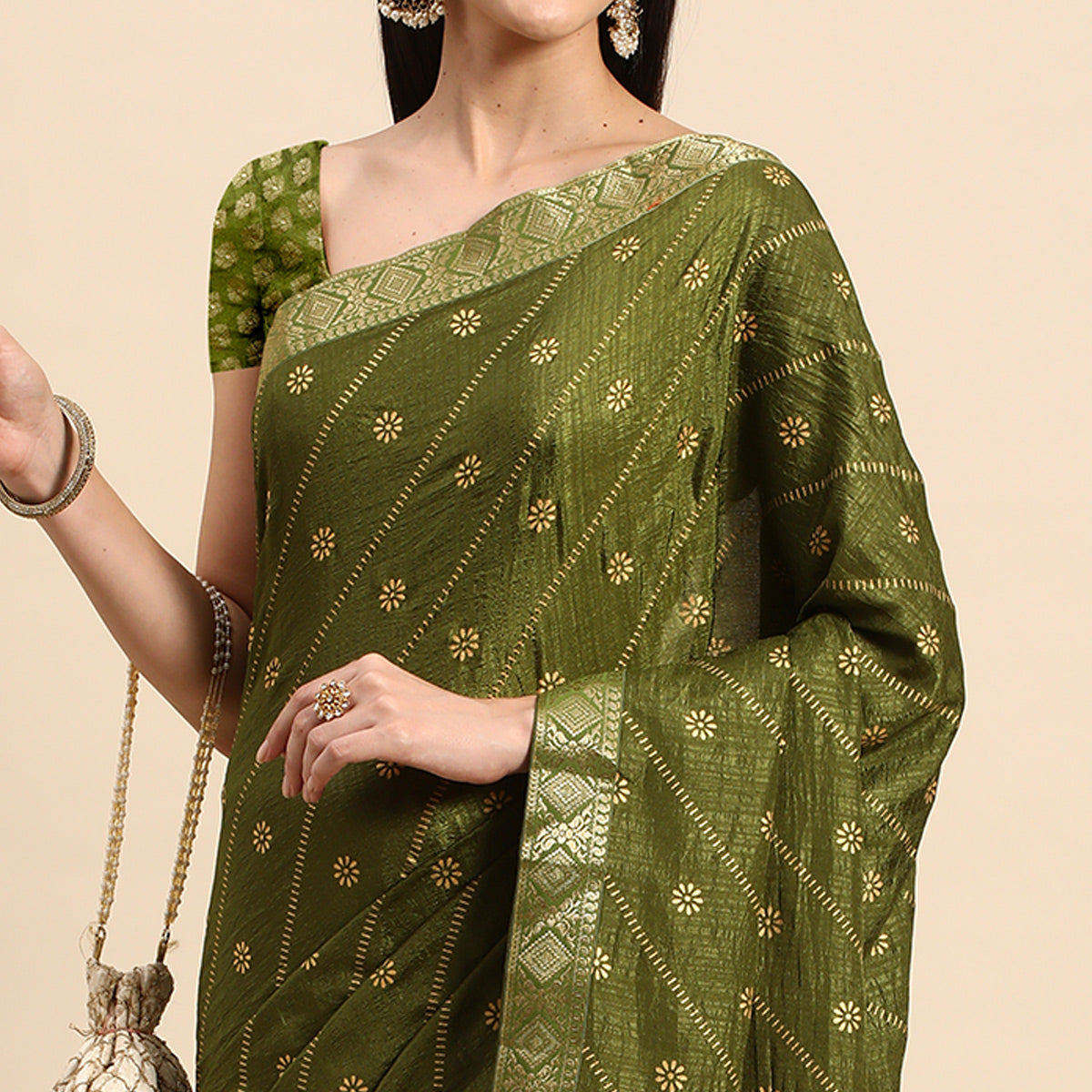 Mehendi Green Floral Foil Printed Vichitra Silk Saree