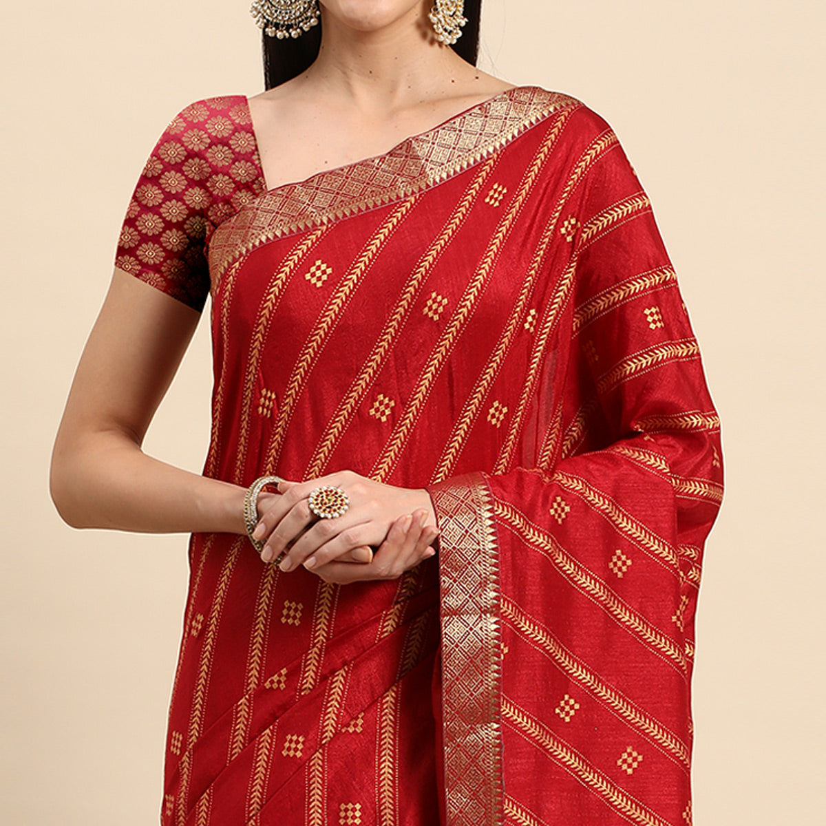 Maroon Floral Foil Printed Vichitra Silk Saree