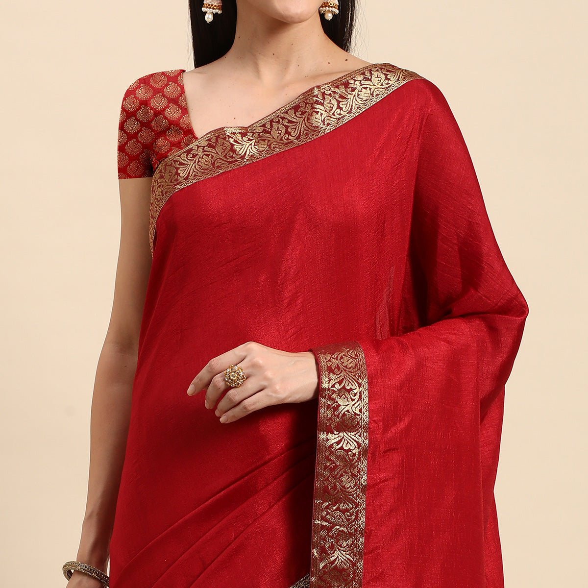 Maroon Solid Vichitra Silk Saree With Fancy Zari Border