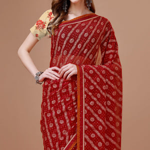 Maroon Floral Foil Printed Chiffon Saree With Lace Border
