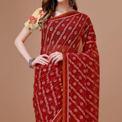 Maroon Floral Foil Printed Chiffon Saree With Lace Border