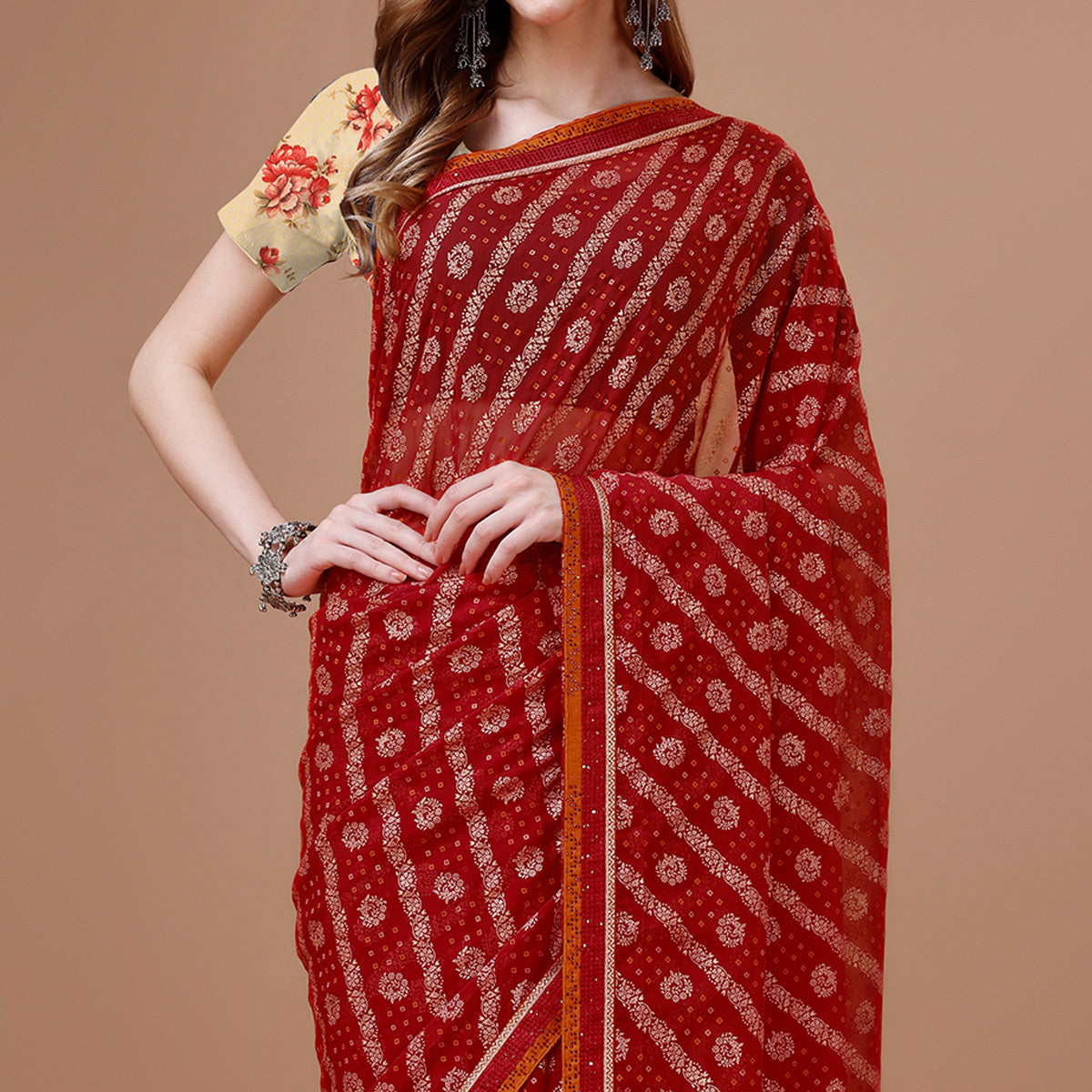 Maroon Floral Foil Printed Chiffon Saree With Lace Border
