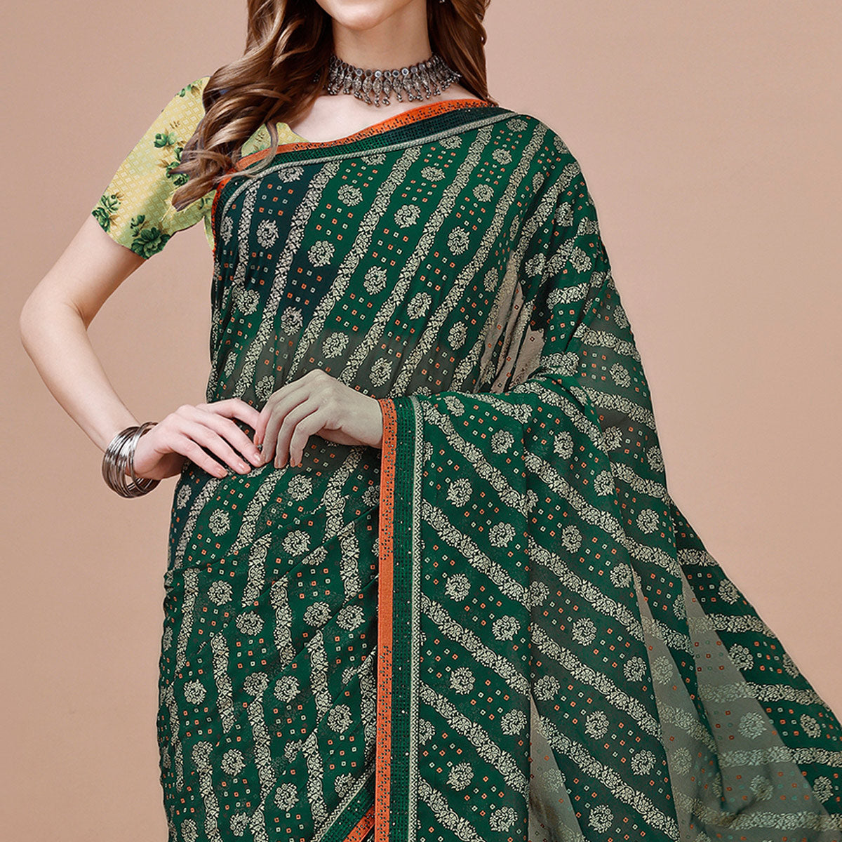 green-floral-foil-printed-chiffon-saree-with-lace-border