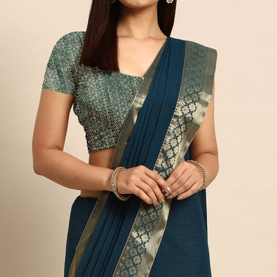 Blue Swarovski Work Chiffon Saree With Zari Border