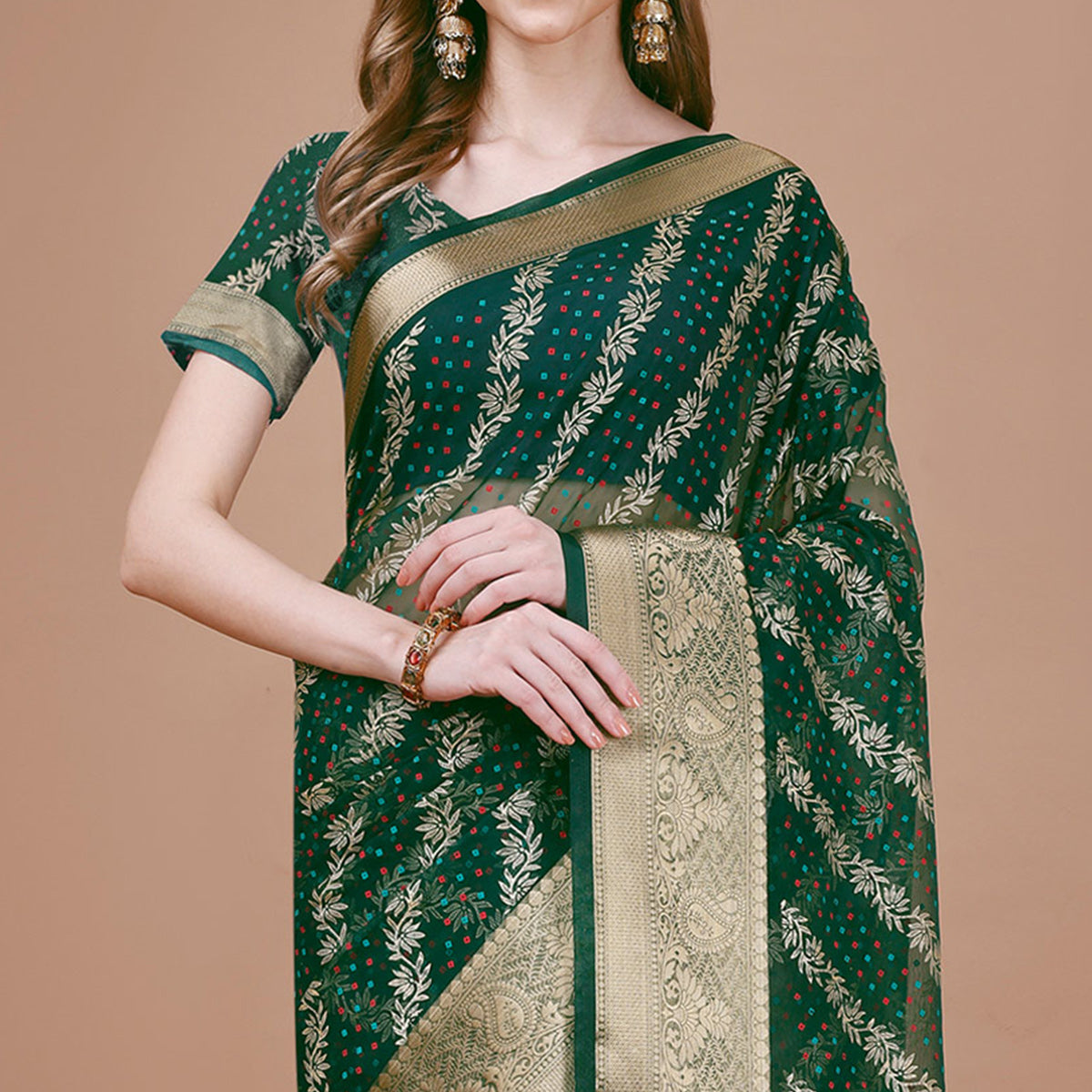 green-foil-printed-organza-saree-with-woven-border