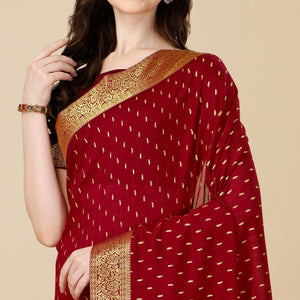 Maroon Foil Printed Vichitra Silk Saree With Jacquard Border