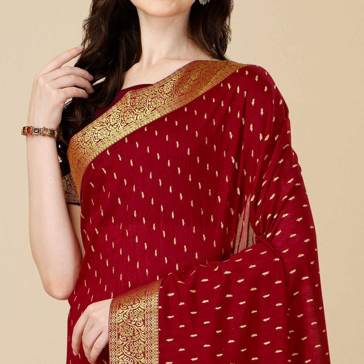 Maroon Foil Printed Vichitra Silk Saree With Jacquard Border