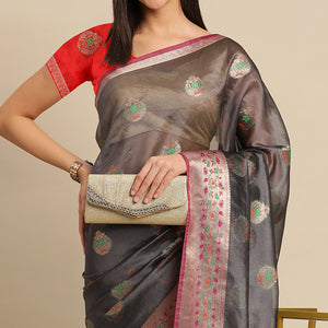 Grey Woven Organza Saree