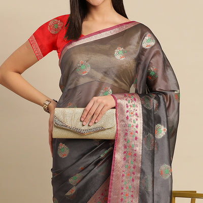 Grey Woven Organza Saree