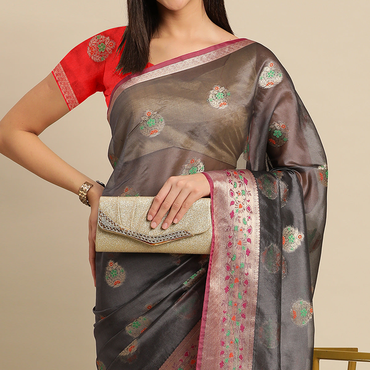 Grey Woven Organza Saree
