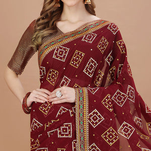 Brown Bandhani Printed Chiffon Saree