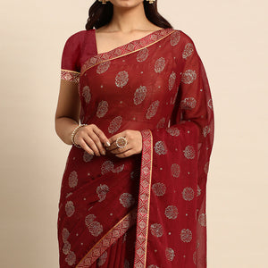 Maroon Foil Printed With Embellished Chiffon Saree