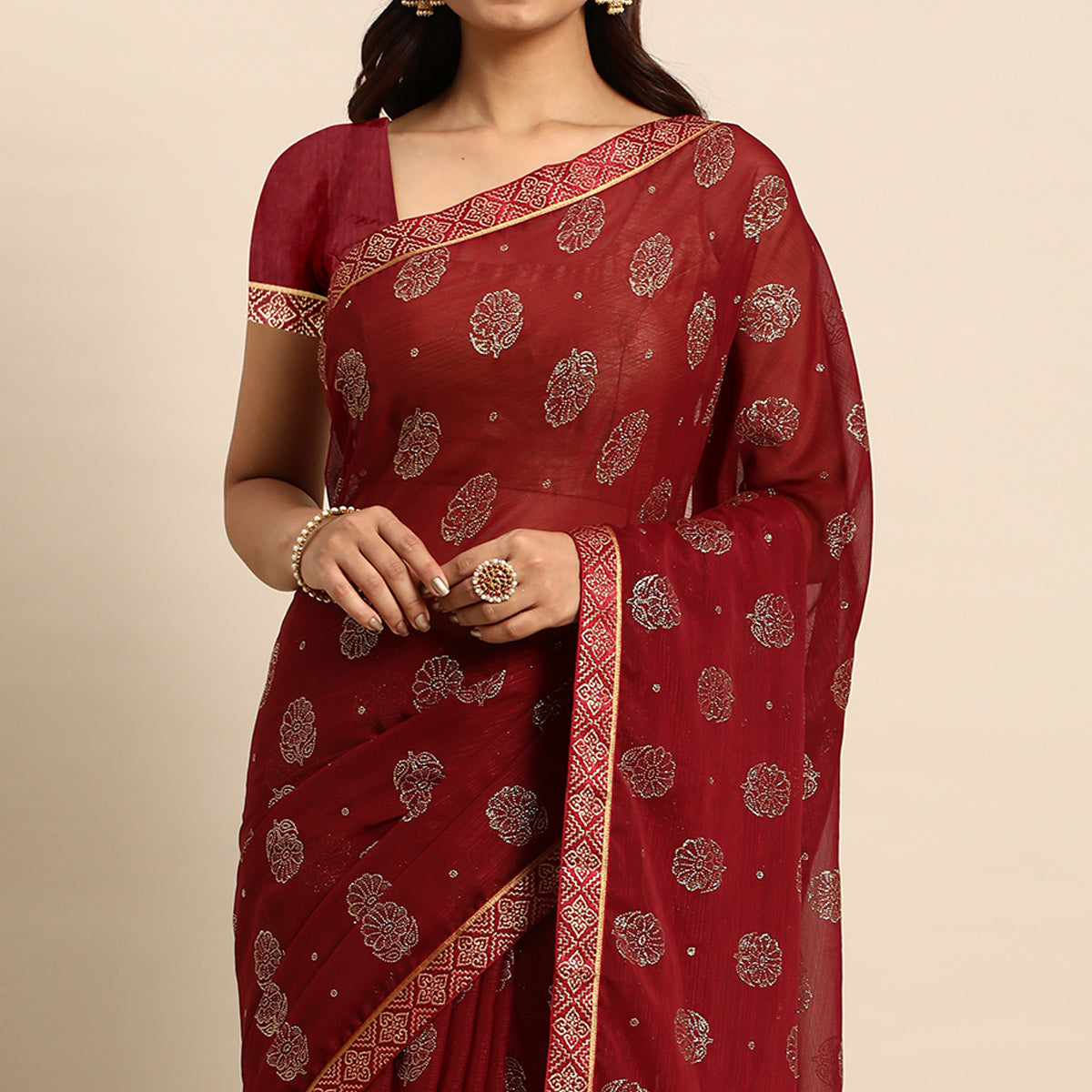 Maroon Foil Printed With Embellished Chiffon Saree