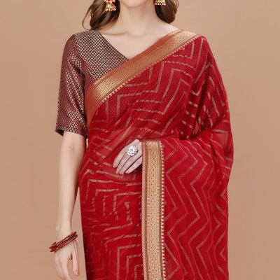 Maroon Foil Printed Chiffon Saree With Lace Border