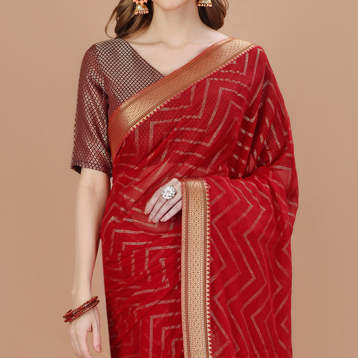 Maroon Foil Printed Chiffon Saree With Lace Border