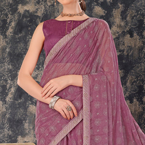 Mauve Printed Chiffon Saree With Lace Border
