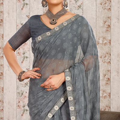 Grey Printed Chiffon Saree With Lace Border