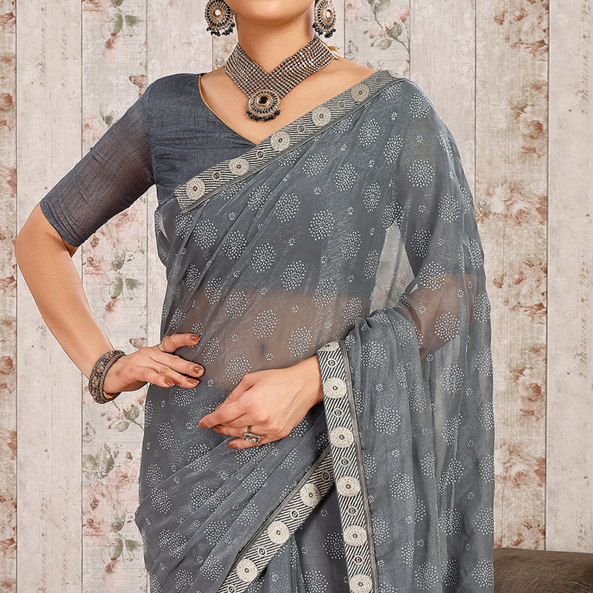 Grey Printed Chiffon Saree With Lace Border