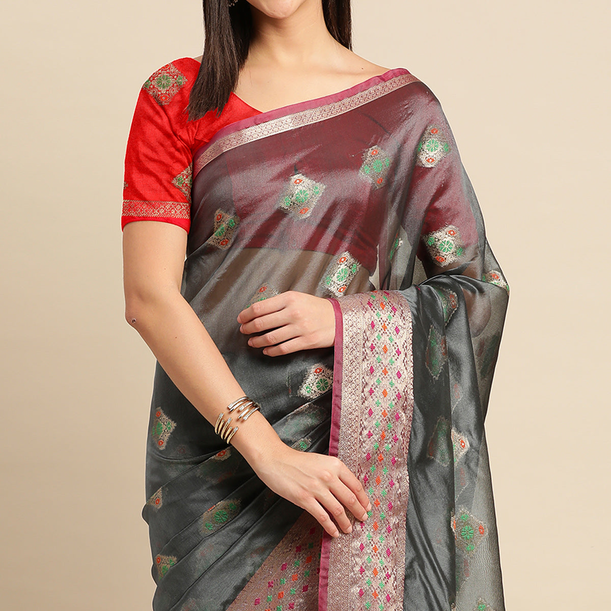 Grey Woven Organza Saree
