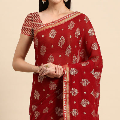 Maroon Floral Foil Printed Chiffon Saree With Tassels