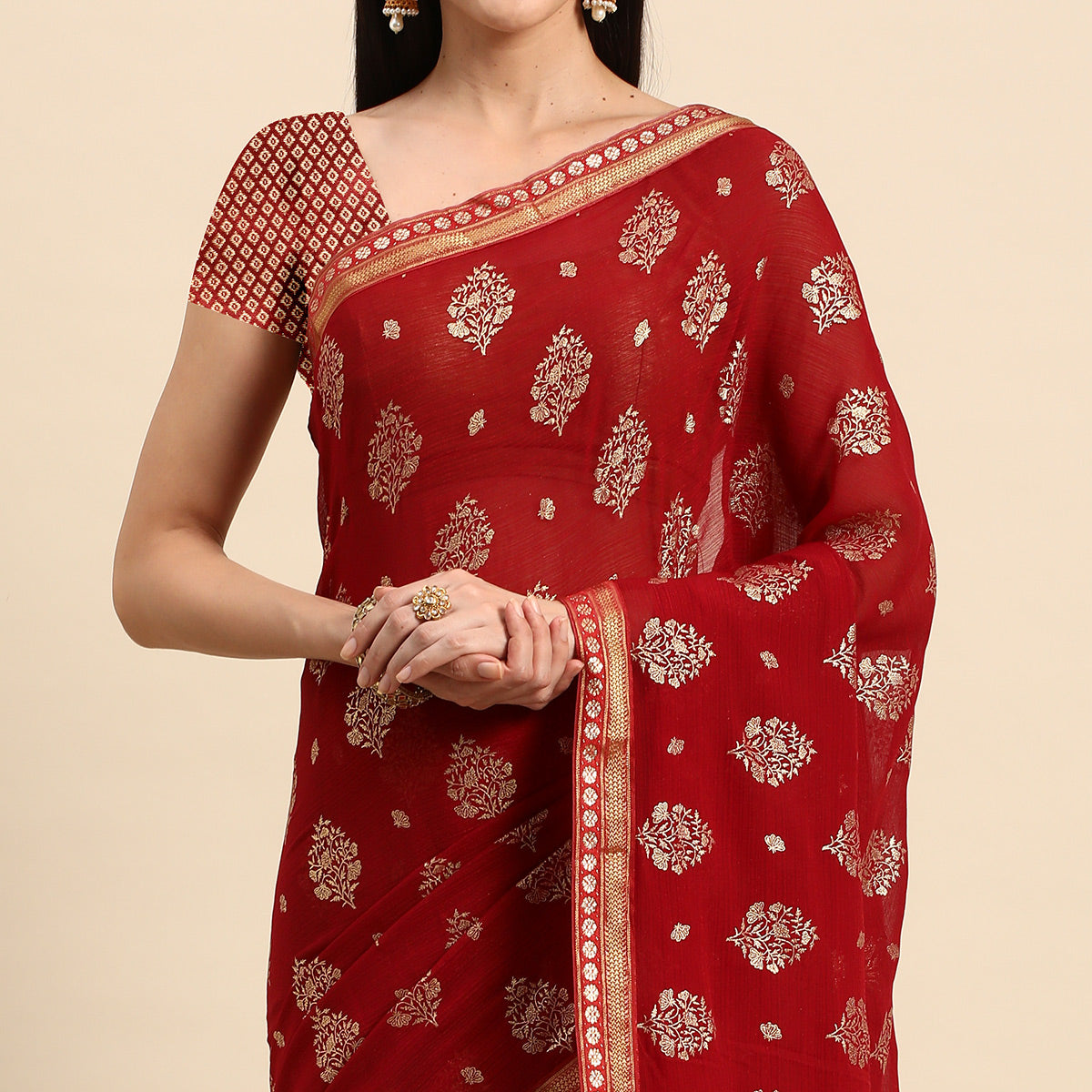 Maroon Floral Foil Printed Chiffon Saree With Tassels