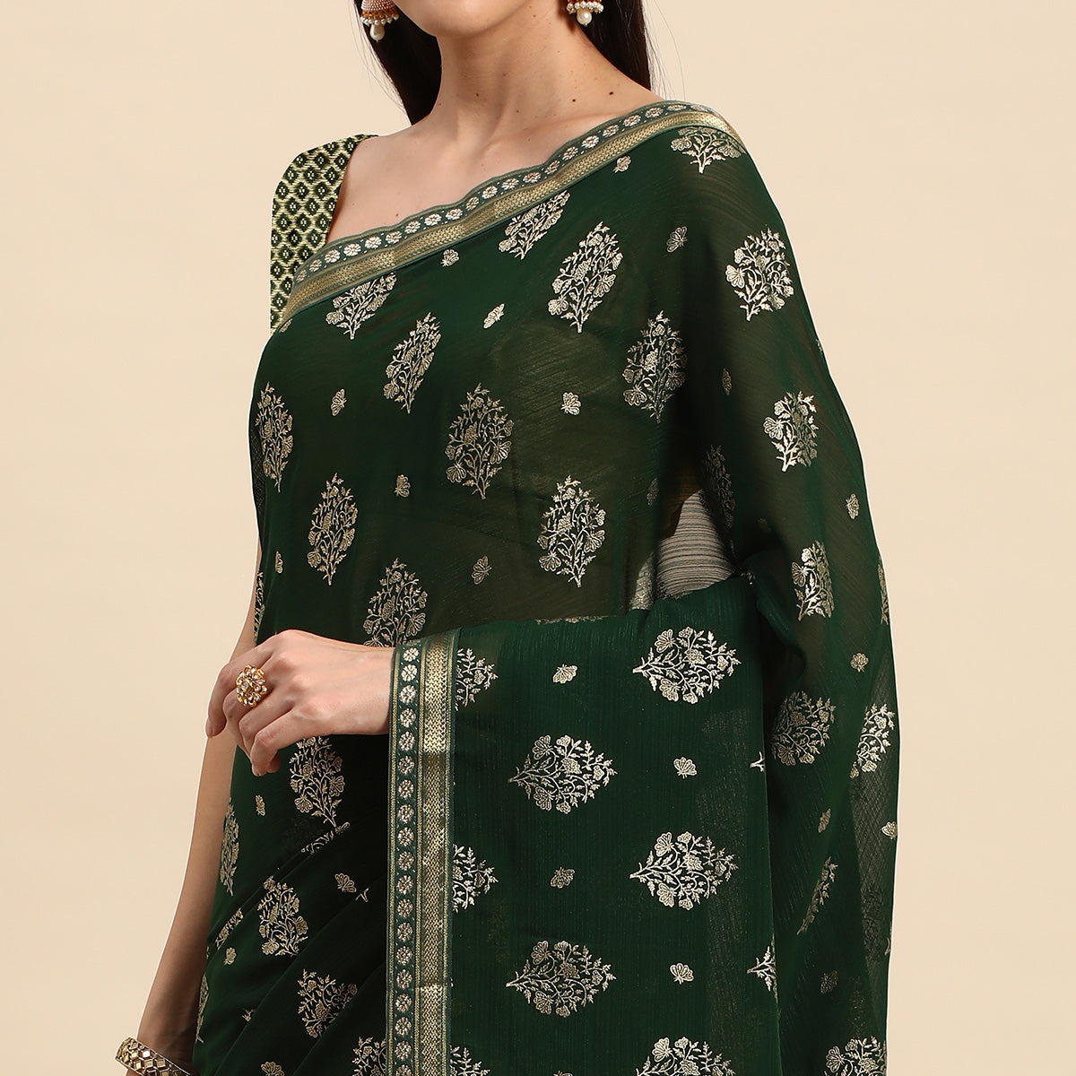 green-floral-foil-printed-chiffon-saree-with-tassels