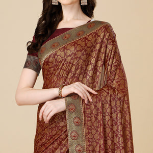 Maroon Floral Handloom Woven Rayon Saree