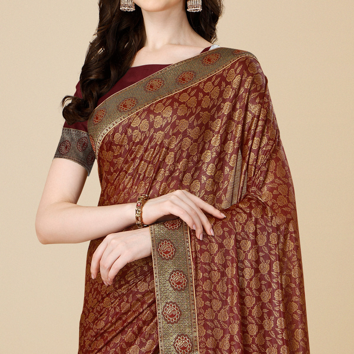 Maroon Floral Handloom Woven Rayon Saree