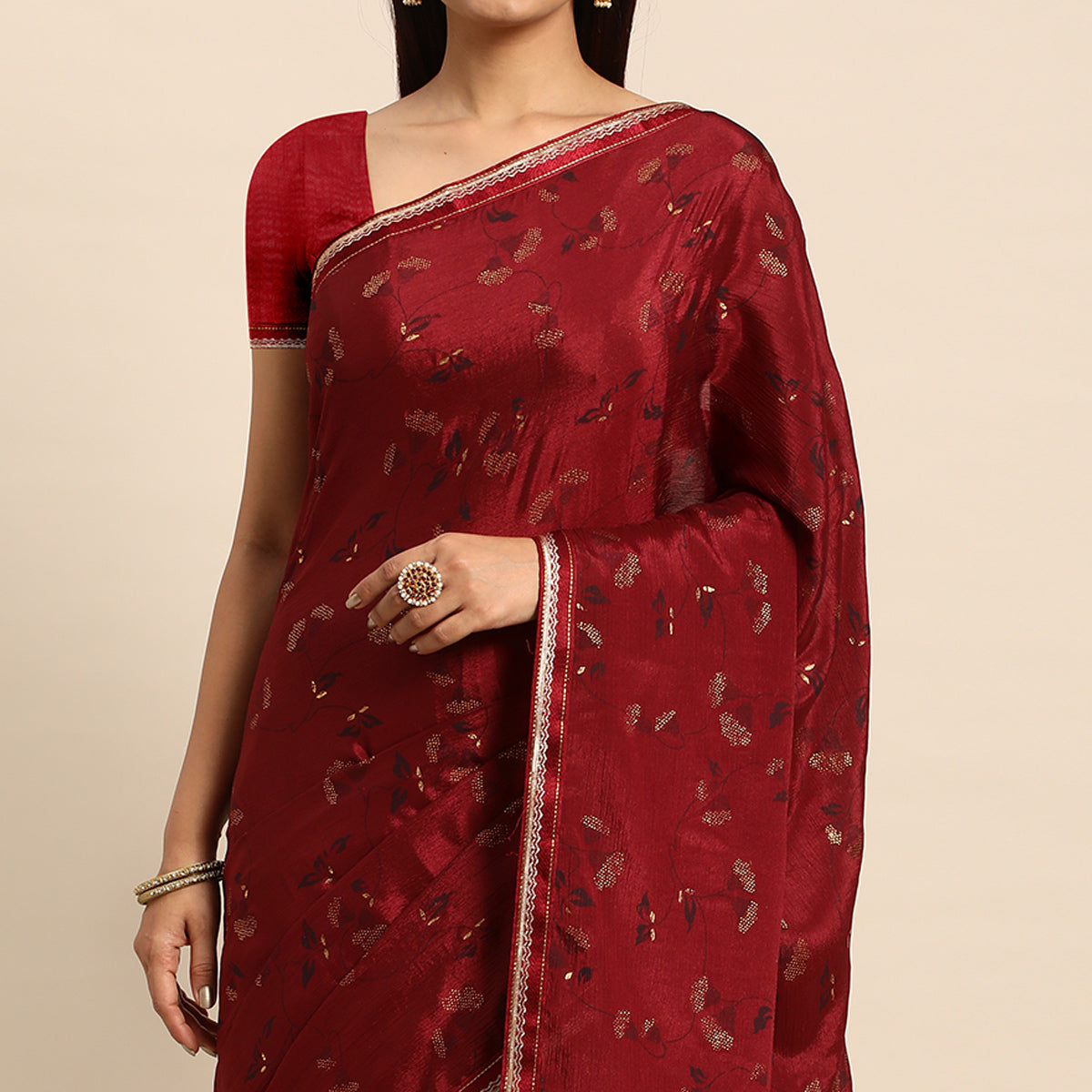 Brown Foil Printed Chiffon Saree