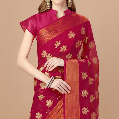 Dark Magenta Zari Work Chiffon Saree With Tassels