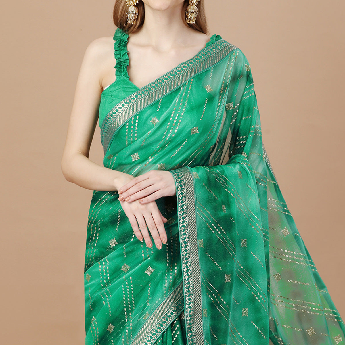 green-zari-work-chiffon-saree-lace-border