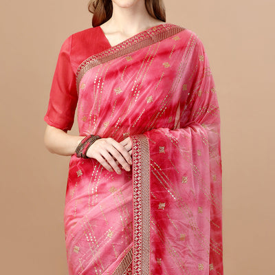 Gajari Pink Zari Work Chiffon Saree Lace Border