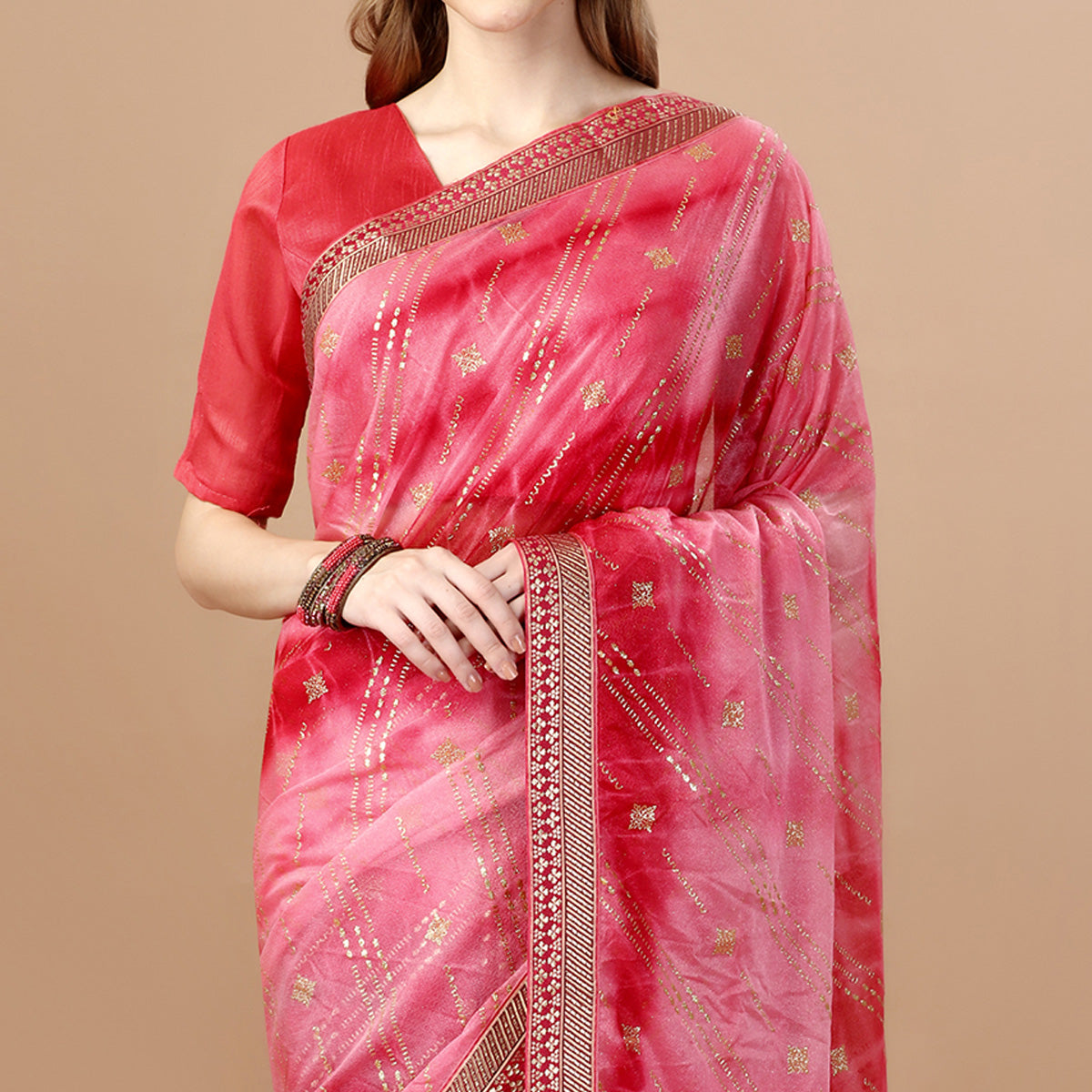 Gajari Pink Zari Work Chiffon Saree Lace Border