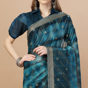 Blue Zari Work Chiffon Saree Lace Border