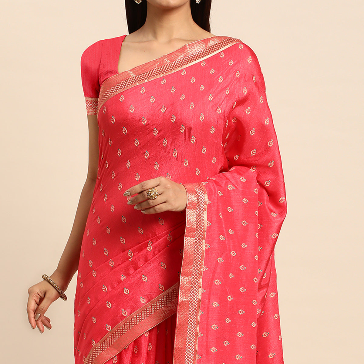 Gajri Pink Floral Printed Vichitra Silk Saree With Tassels