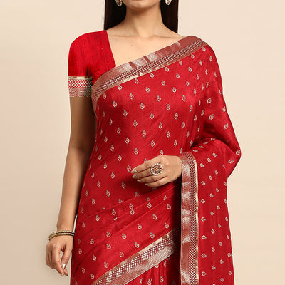 Maroon Floral Printed Vichitra Silk Saree With Tassels