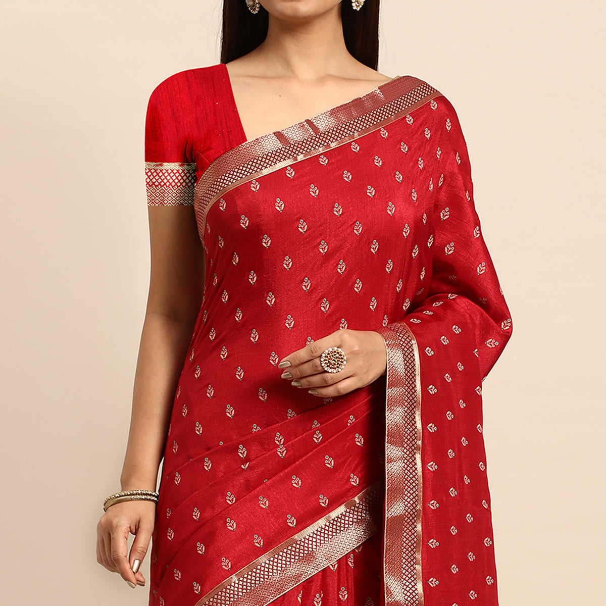 Maroon Floral Printed Vichitra Silk Saree With Tassels