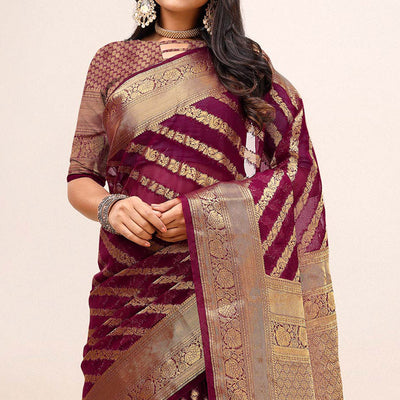 Maroon Woven Organza Saree With Tassels