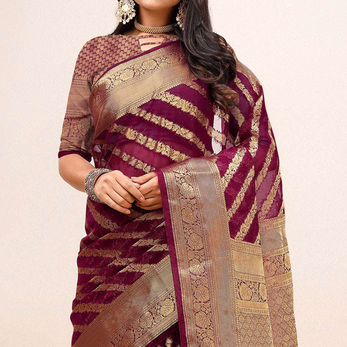 Maroon Woven Organza Saree With Tassels