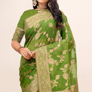 Mehendi Green Woven Organza Saree With Tassels