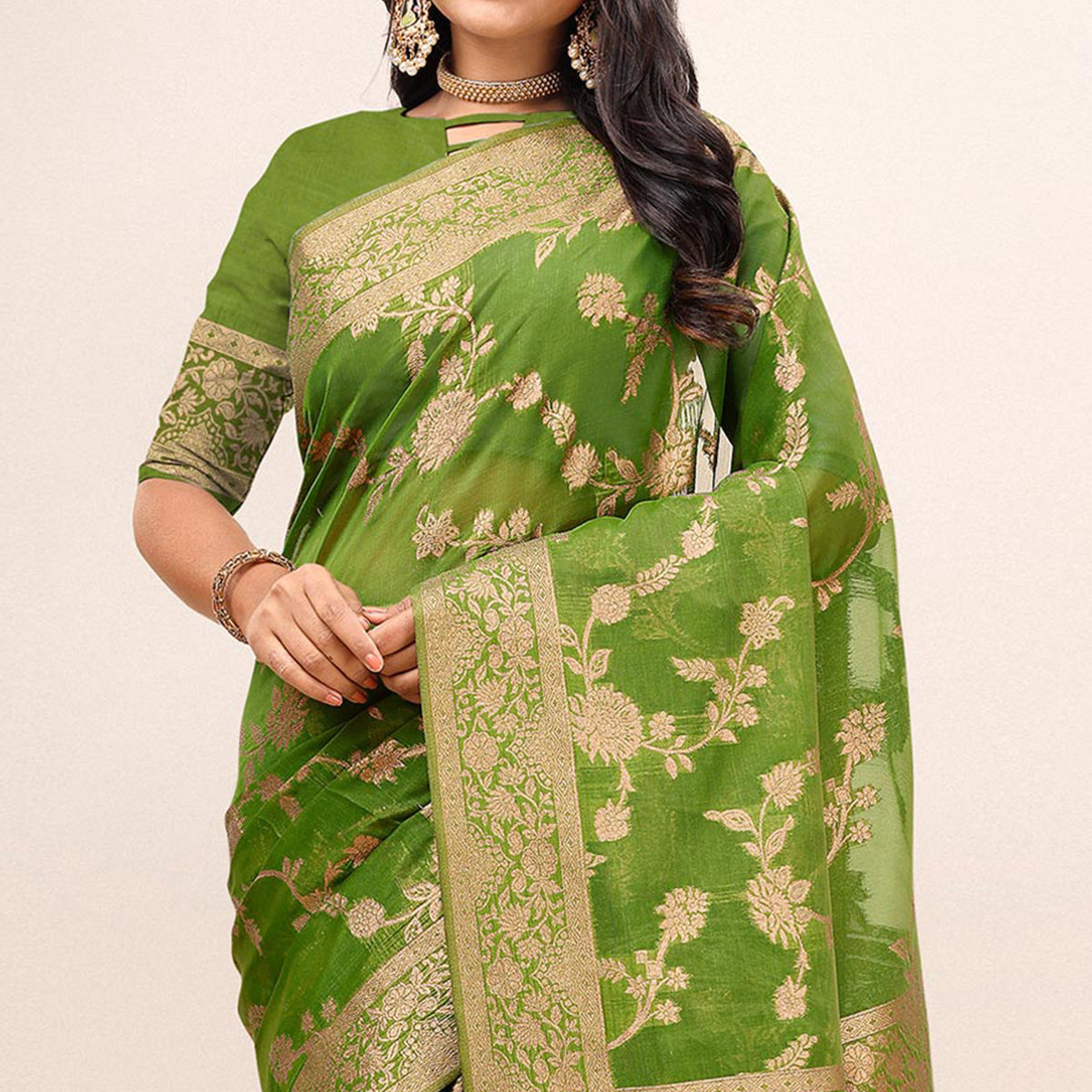 Mehendi Green Woven Organza Saree With Tassels