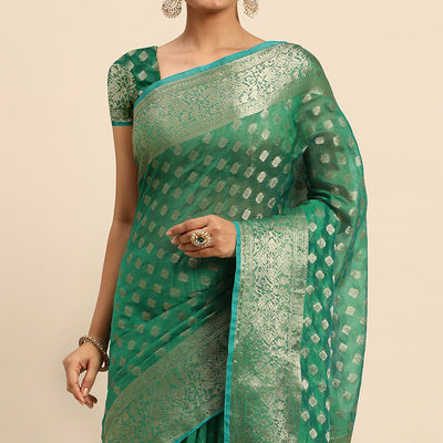 green-woven-organza-silk-saree-with-tassels