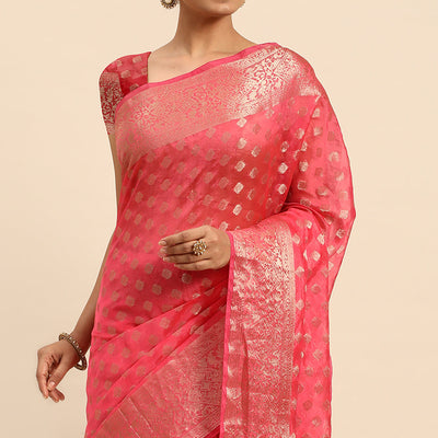 Gajari Pink Woven Organza Silk Saree With Tassels