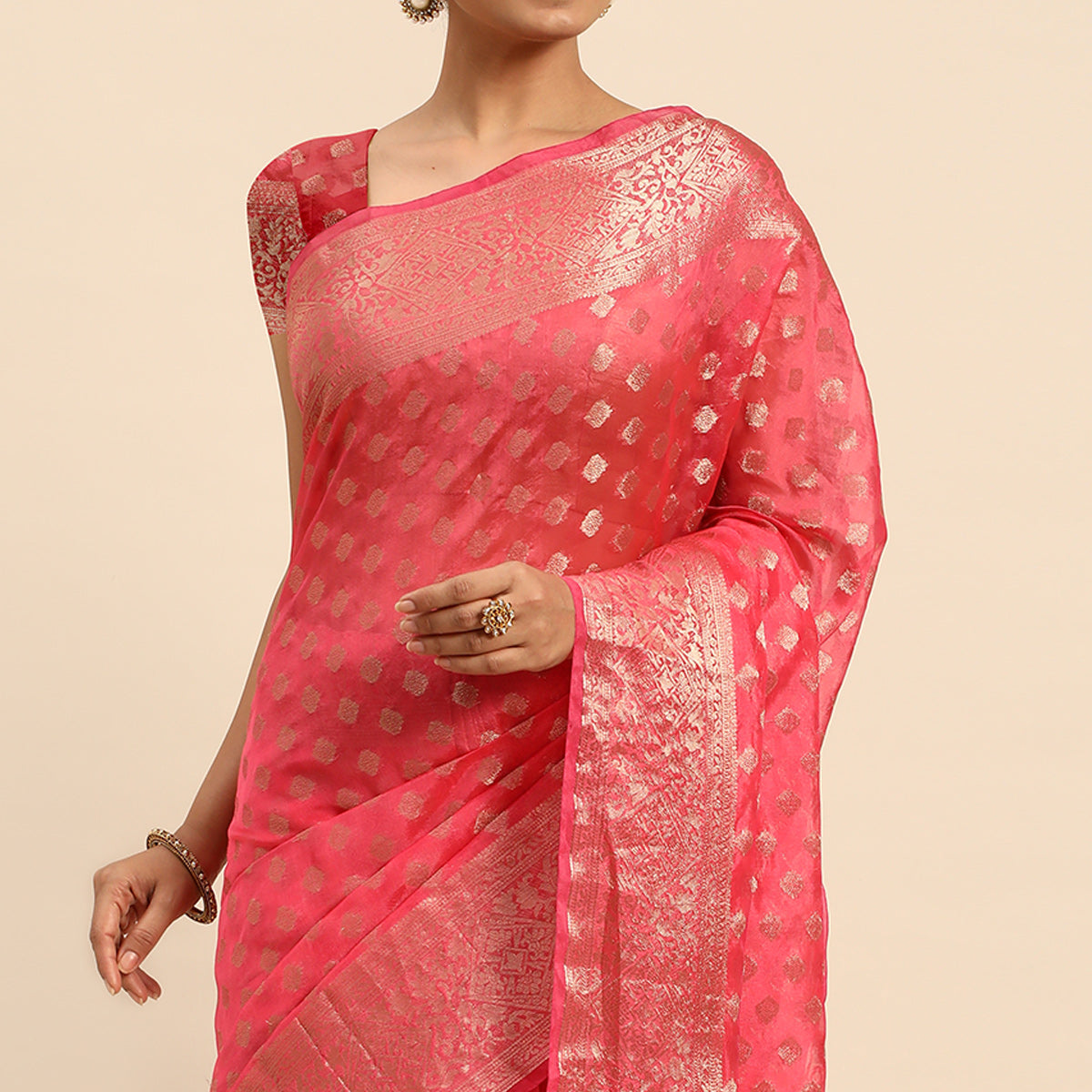 Gajari Pink Woven Organza Silk Saree With Tassels