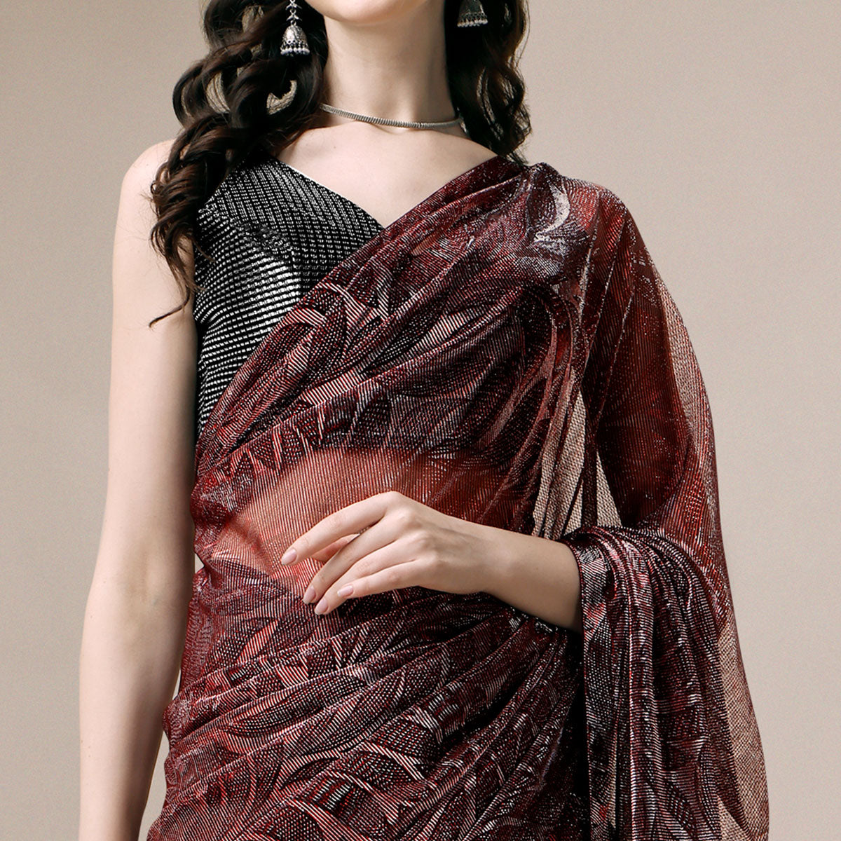 Maroon Floral Printed Rayon Saree