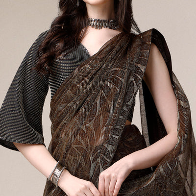 Brown Floral Printed Rayon Saree